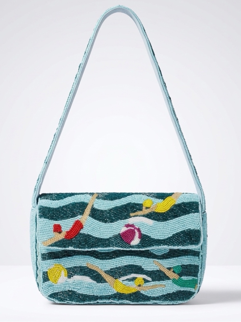 Sol and Mer NWOT Beaded Swimmers Shoulder Bag, blue/grn, 9x6x2, never worn